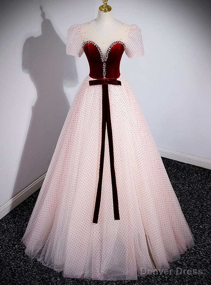 Wave Point Tulle Burgundy Velvet Short Sleeve Prom Dress Main image