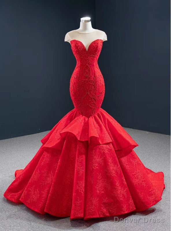 We Offer a Large Numbers Of Red Mermaid Lace Cap Sleeve Beading See Through Neck Prom Dresses