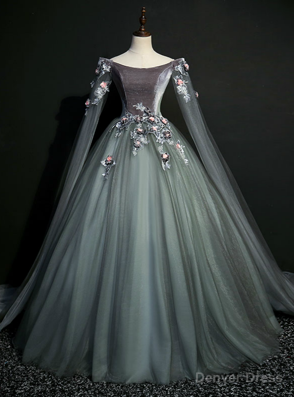 We Provide Gray Tulle Velvet Off the Shoulder Appliques Quinceanera Dresses