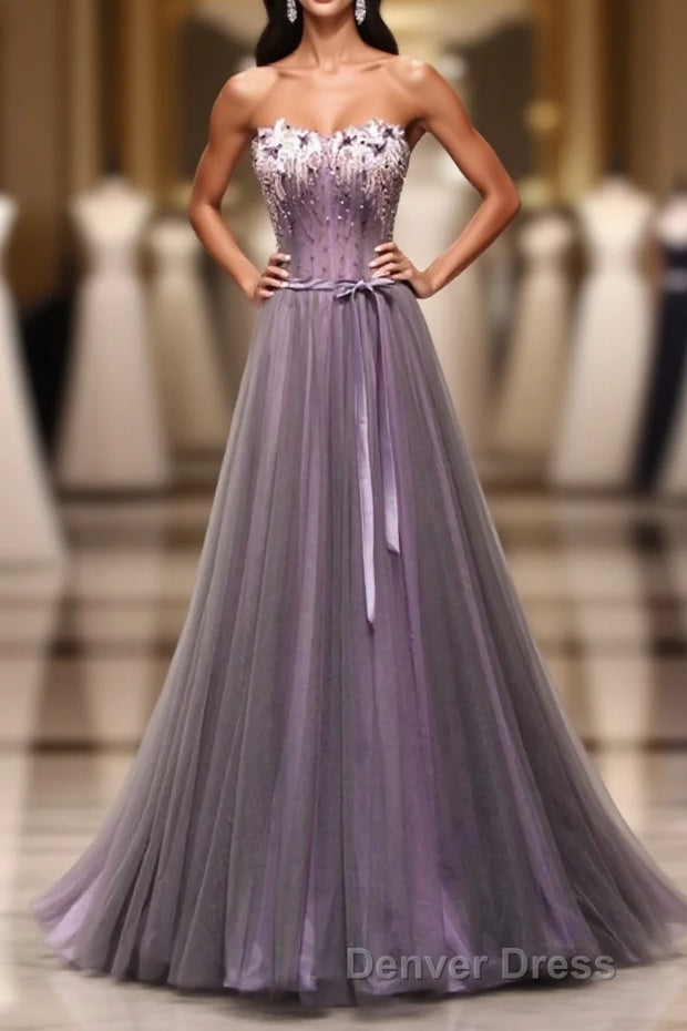 Pruple Tulle Sweetheart Neck Long Prom Dresses, Evening Dresses Main image