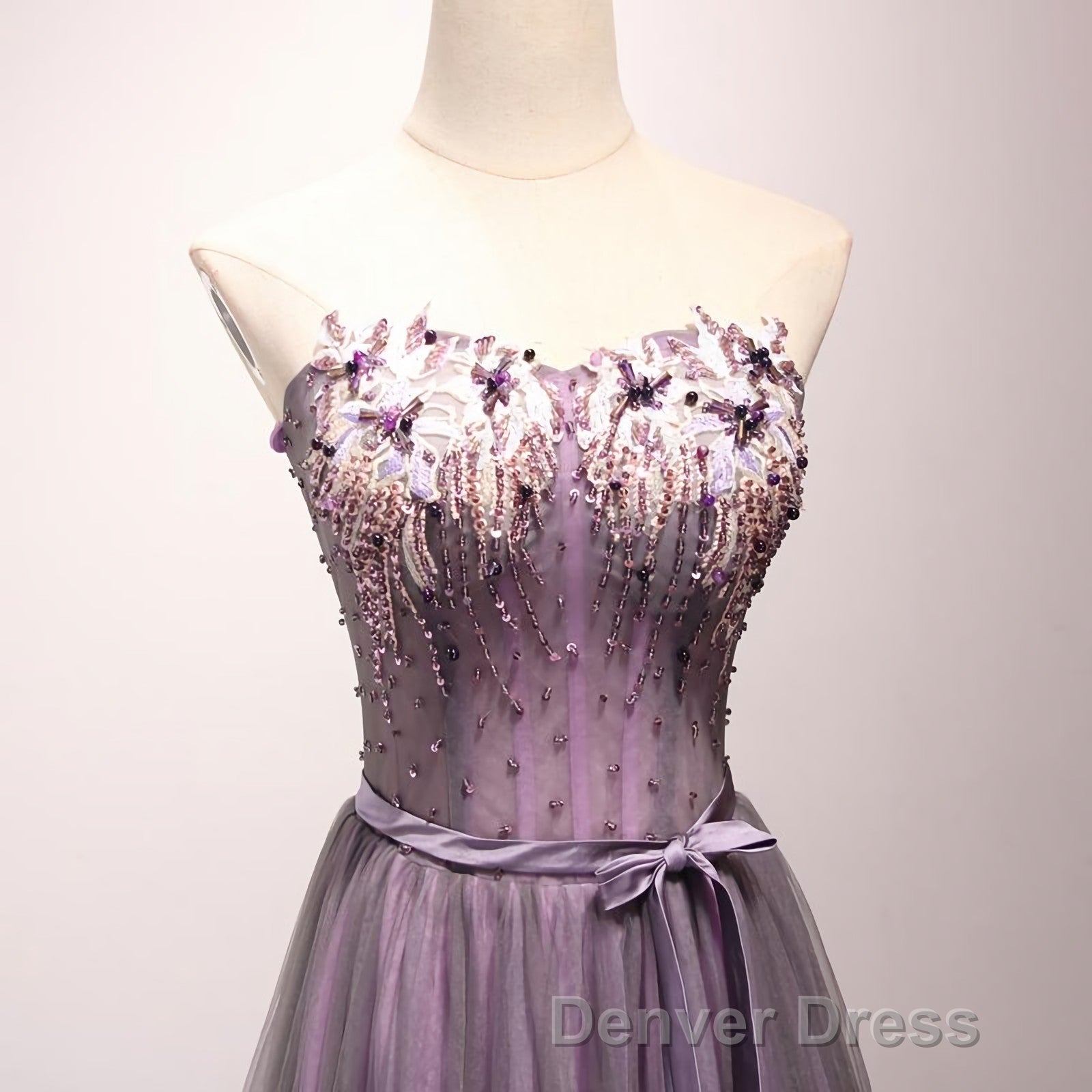 Pruple Tulle Sweetheart Neck Long Prom Dress