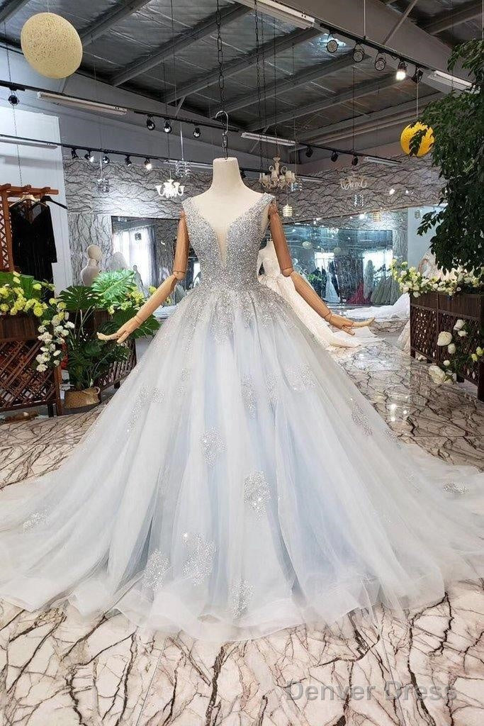 Wedding Dresses V Neck Lace Up Back Beads Prom Dress Tulle Main image