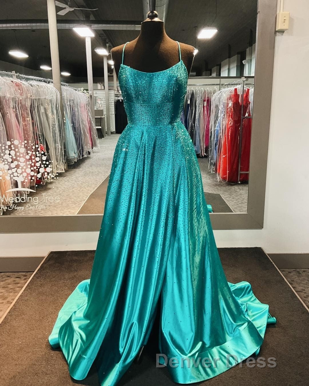 Spaghetti Straps Beaded Teal Blue A-line Long Formal Dresses