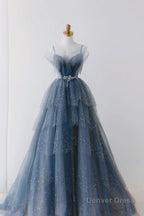Gorgeous Blue Sparkly Tulle Beaded Prom Dresses, Tiered Prom Gowns with Rhinestone