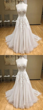 Wh V Neck Tulle Long Prom Dresses, Lace Evening Dresses, White Lace Wedding Dresses