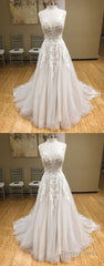 Wh V Neck Tulle Long Prom Dress, Lace Evening Dress, White Lace Wedding Dress