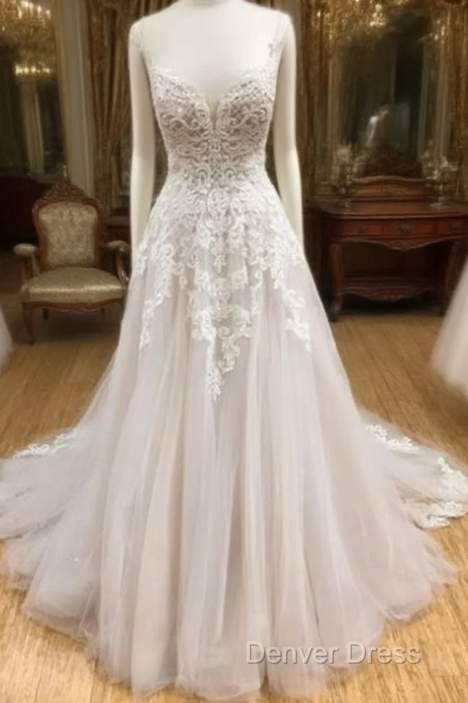 Wh V Neck Tulle Long Prom Dresses, Lace Evening Dresses, White Lace Wedding Dresses Main image