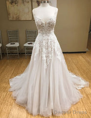 Wh V Neck Tulle Long Prom Dress, Lace Evening Dress, White Lace Wedding Dress