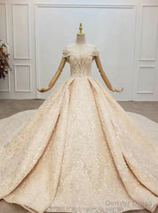 Whether You Are Looking For Luxury Champagne Ball Gown Tulle Sequins Appliques Off the Shoulder Wedding Dress
