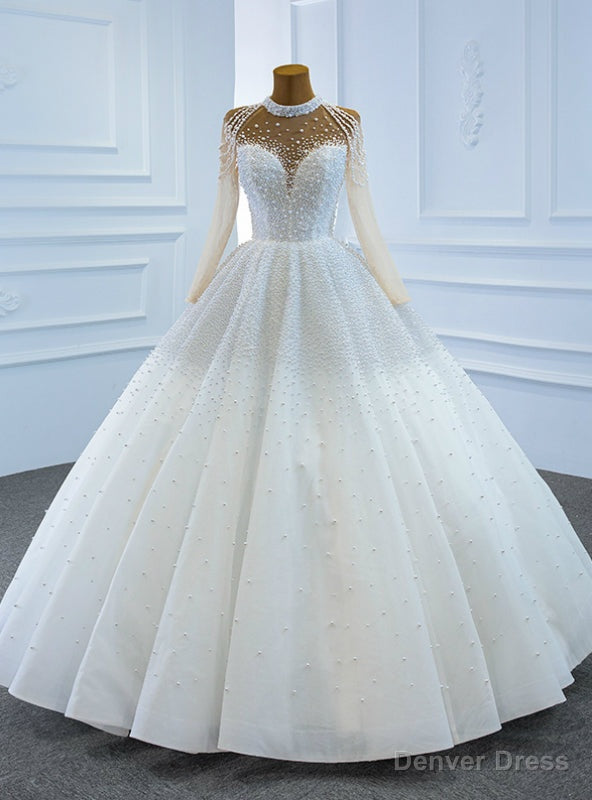 Whether You Are Looking For White High Neck Long Sleeve Tulle Pearls Floor Length Wedding Dress Main image