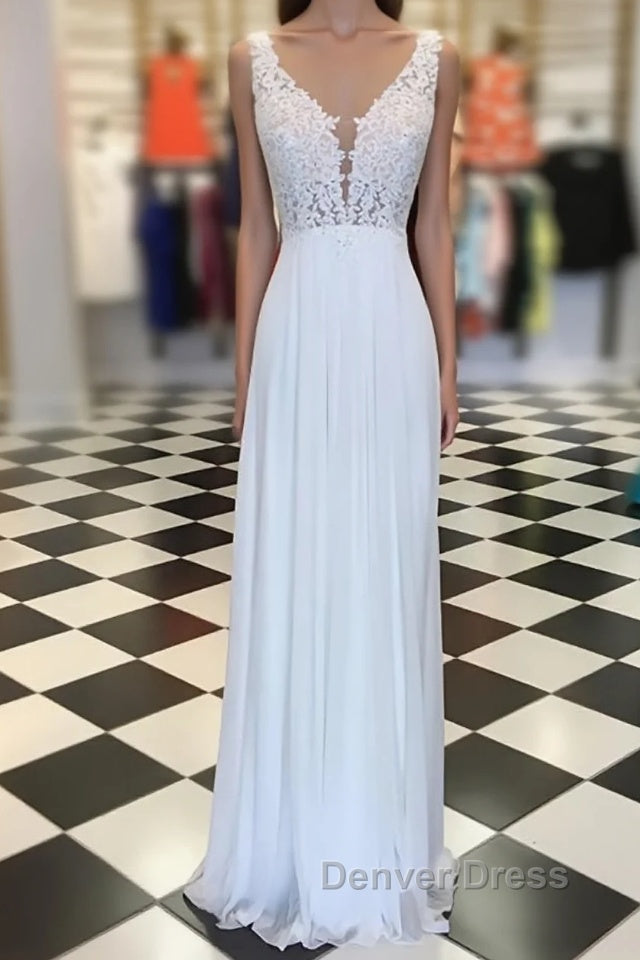 White A Line chiffon lace long prom Dress, white bridesmaid Dresses