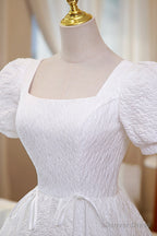 White A-Line Homecoming Dress, Cute Short Sleeve Evening Dress