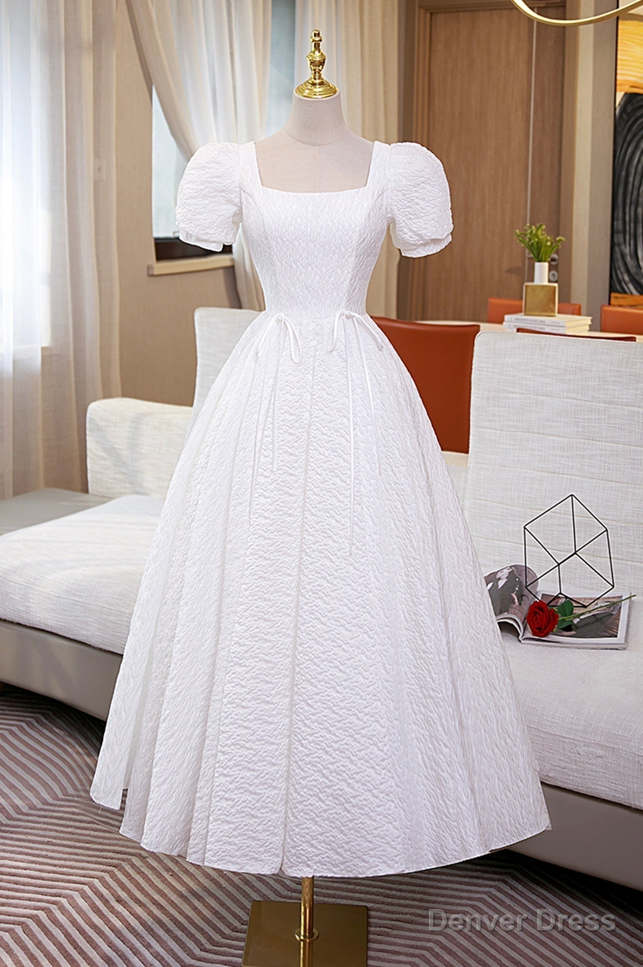White A-Line Homecoming Dress, Cute Short Sleeve Evening Dress Main image