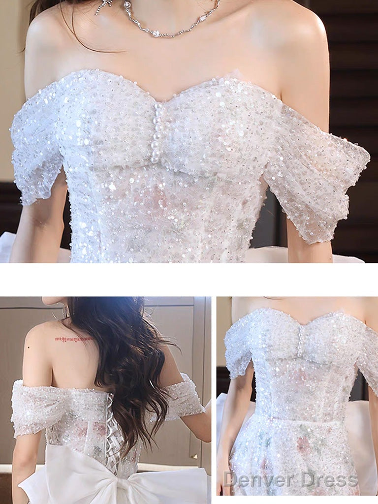 White A-Line Off Shoulder Tulle Long Prom Dress, White Formal Dress