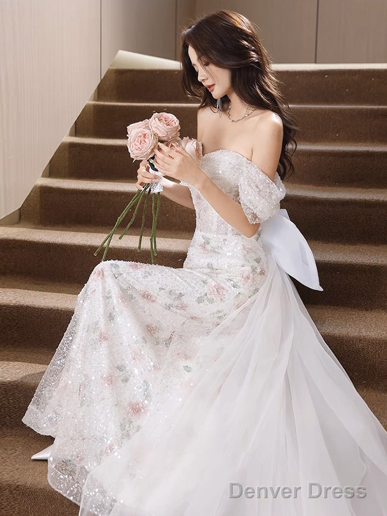 White A-Line Off Shoulder Tulle Long Prom Dress, White Formal Dress