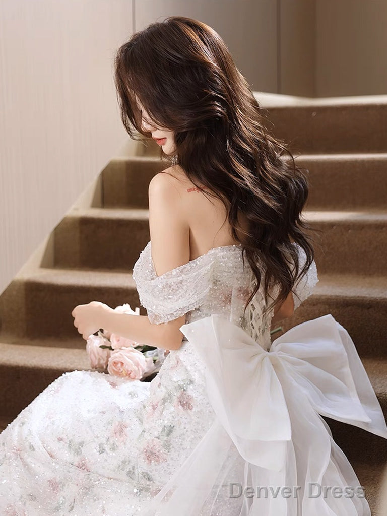 White A-Line Off Shoulder Tulle Long Prom Dress, White Formal Dress