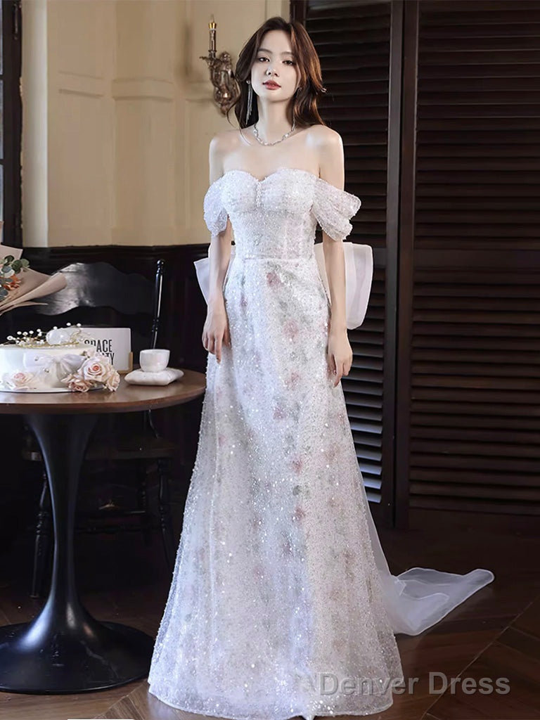 White A-Line Off Shoulder Tulle Long Prom Dress, White Formal Dress Main image