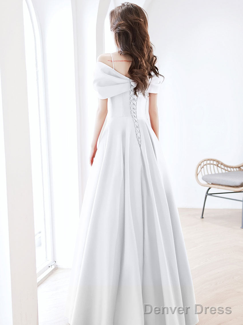 White A-Line Satin Long Prom Dress, White Formal Dress