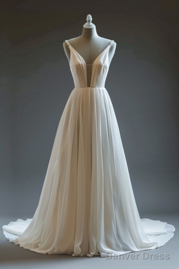 White A Line Spaghetti Strap Chiffon Long Wedding Dress Simple Bridesmaid Dresses
