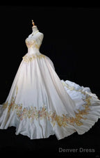 White A Line Strapless Satin Sequins Long Prom Dress Embroidered Applique Wedding Dresses
