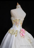 White A-Line Strapless Satin Sequins Long Prom Dress Embroidered Applique Wedding Dress