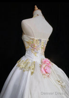 White A Line Strapless Satin Sequins Long Prom Dress Embroidered Applique Wedding Dresses