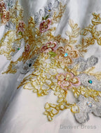 White A Line Strapless Satin Sequins Long Prom Dress Embroidered Applique Wedding Dresses