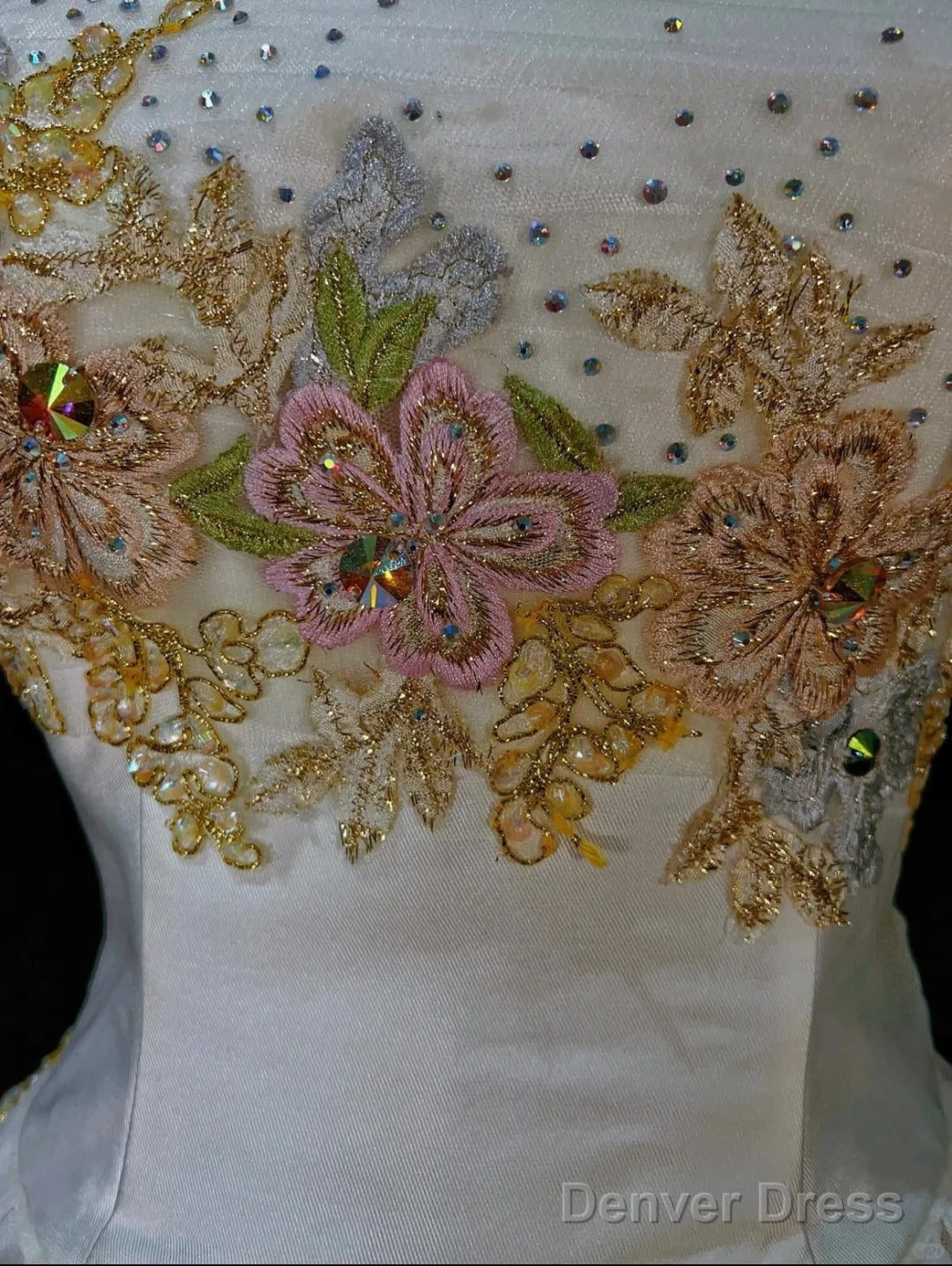 White A Line Strapless Satin Sequins Long Prom Dress Embroidered Applique Wedding Dresses