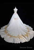 White A Line Strapless Satin Sequins Long Prom Dress Embroidered Applique Wedding Dresses