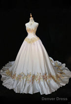 White A-Line Strapless Satin Sequins Long Prom Dress Embroidered Applique Wedding Dress