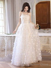 White A-Line Tulle Flower Long Prom Dress, White Formal Evening Dress