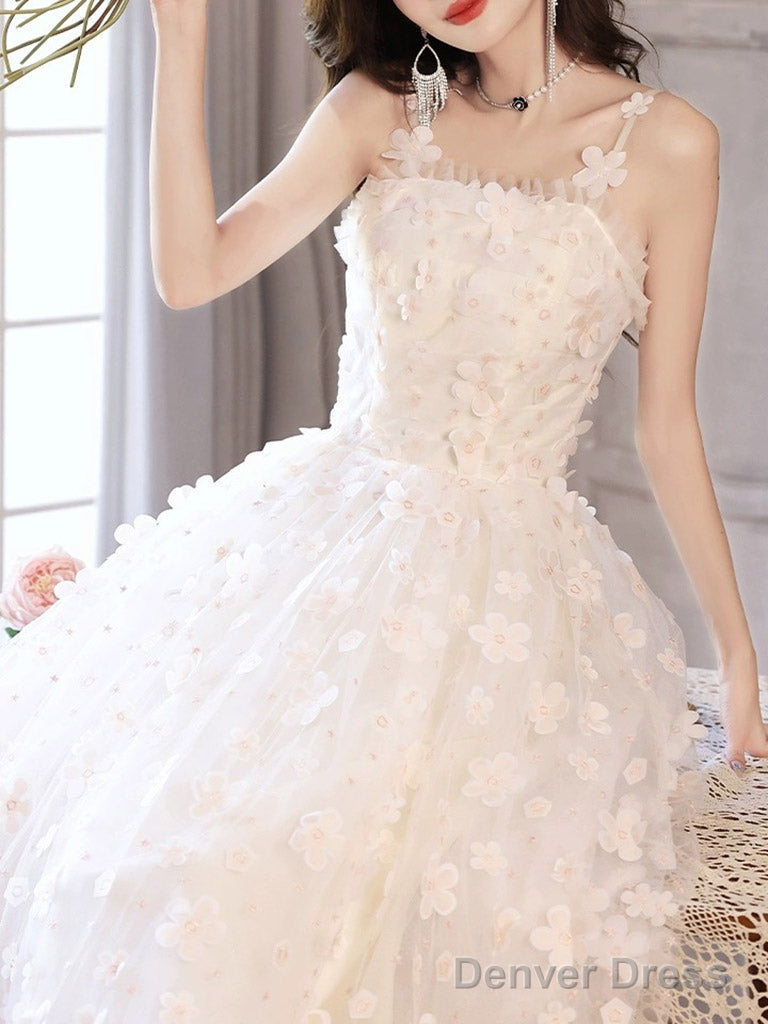 White A-Line Tulle Flower Long Prom Dress, White Formal Evening Dress