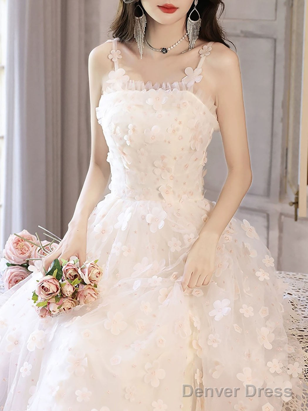 White A-Line Tulle Flower Long Prom Dress, White Formal Evening Dress