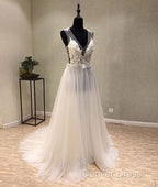 White A-Line Tulle Lace Long Prom Dresses, White Wedding Dresses