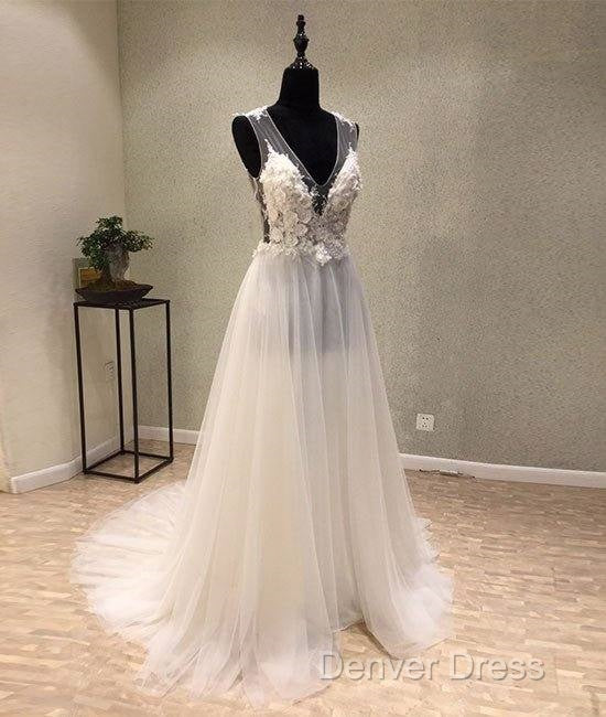 White A-Line Tulle Lace Long Prom Dresses, White Wedding Dresses