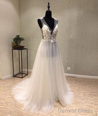 White A-Line Tulle Lace Long Prom Dress, White Wedding Dress