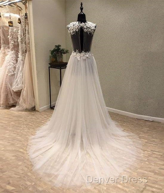 White A-Line Tulle Lace Long Prom Dresses, White Wedding Dresses