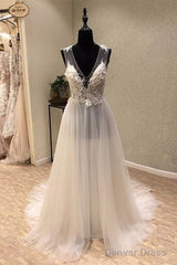White A-Line Tulle Lace Long Prom Dress, White Wedding Dress