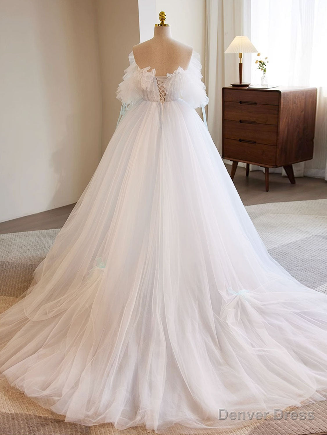 White A Line Tulle Long Prom Dress, White Prom Dresses