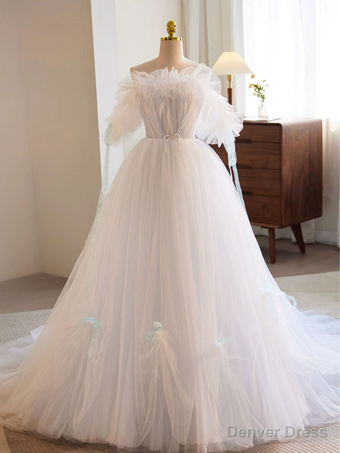 White A Line Tulle Long Prom Dress, White Prom Dresses
