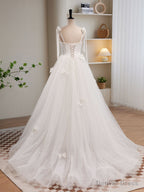 White A Line Tulle Long Prom Dress, White Tulle Prom Dresses