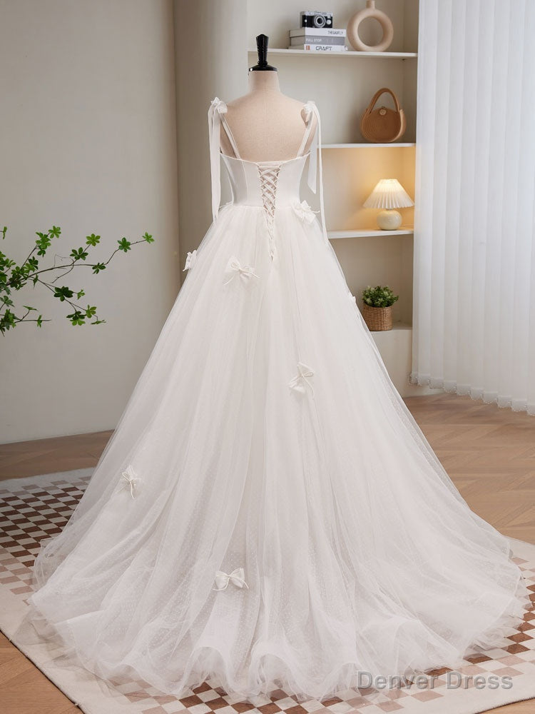 White A Line Tulle Long Prom Dress, White Tulle Prom Dresses