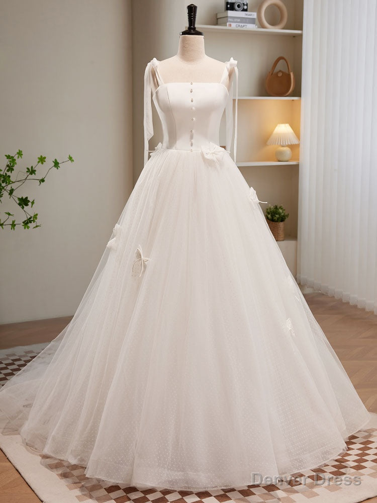 White A Line Tulle Long Prom Dress, White Tulle Prom Dresses