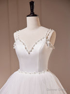 White A Line Tulle Long Prom Dress, White Tulle Sweet 16 Dresses
