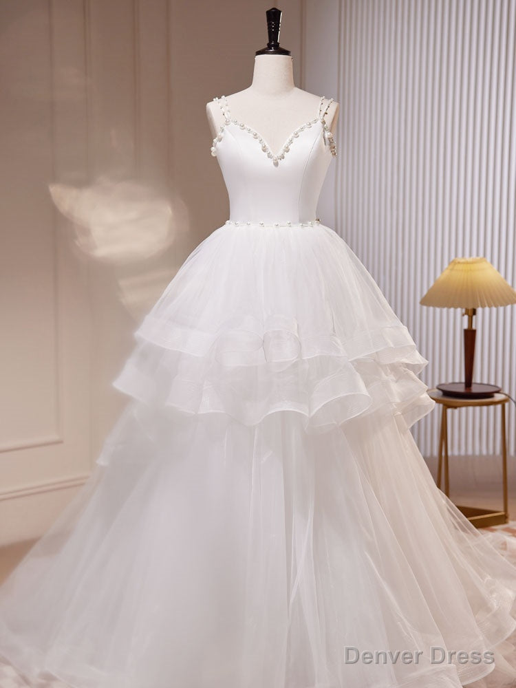 White A Line Tulle Long Prom Dress, White Tulle Sweet 16 Dresses