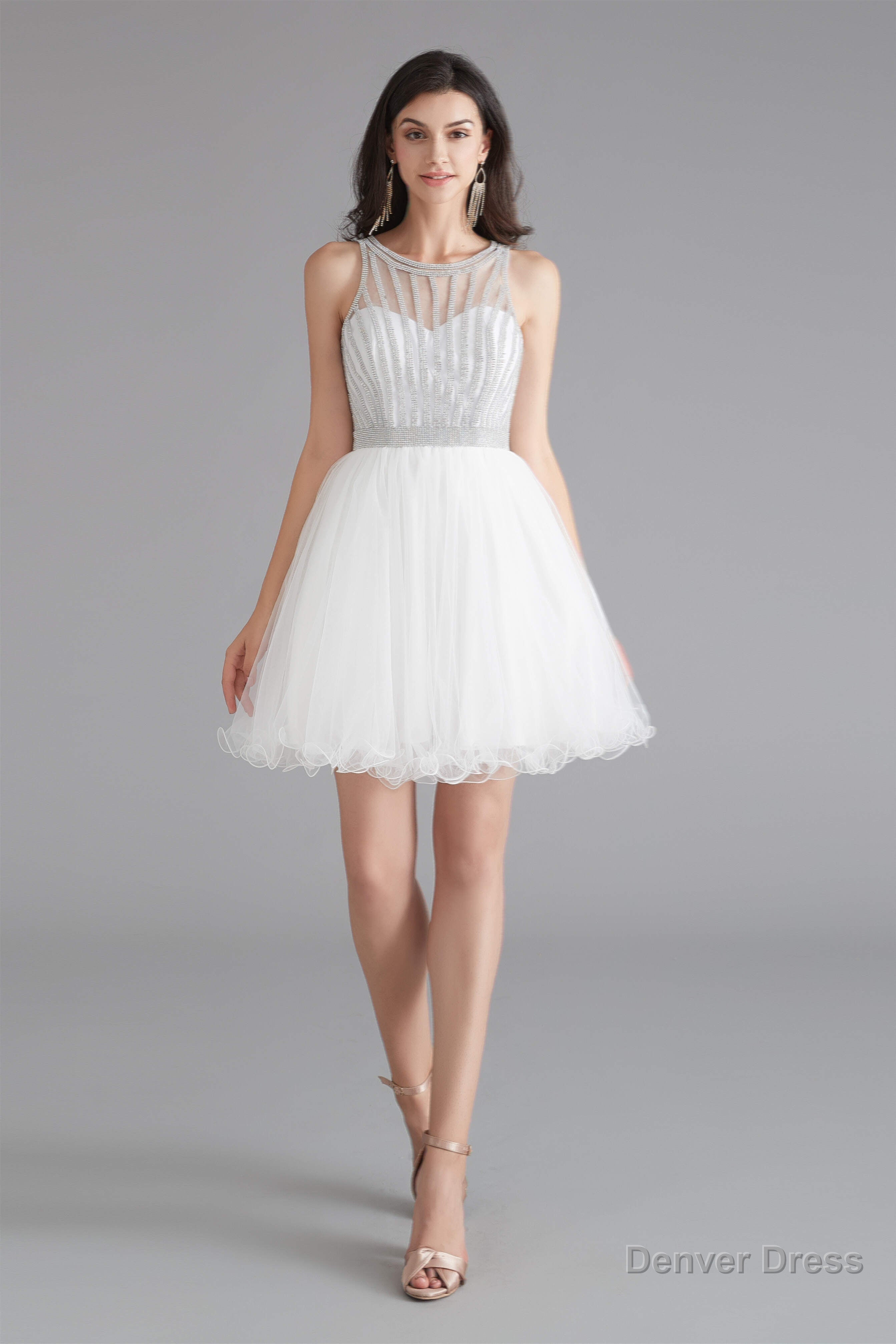 A Line Tulle Sleeveless Beading Homecoming Dresses