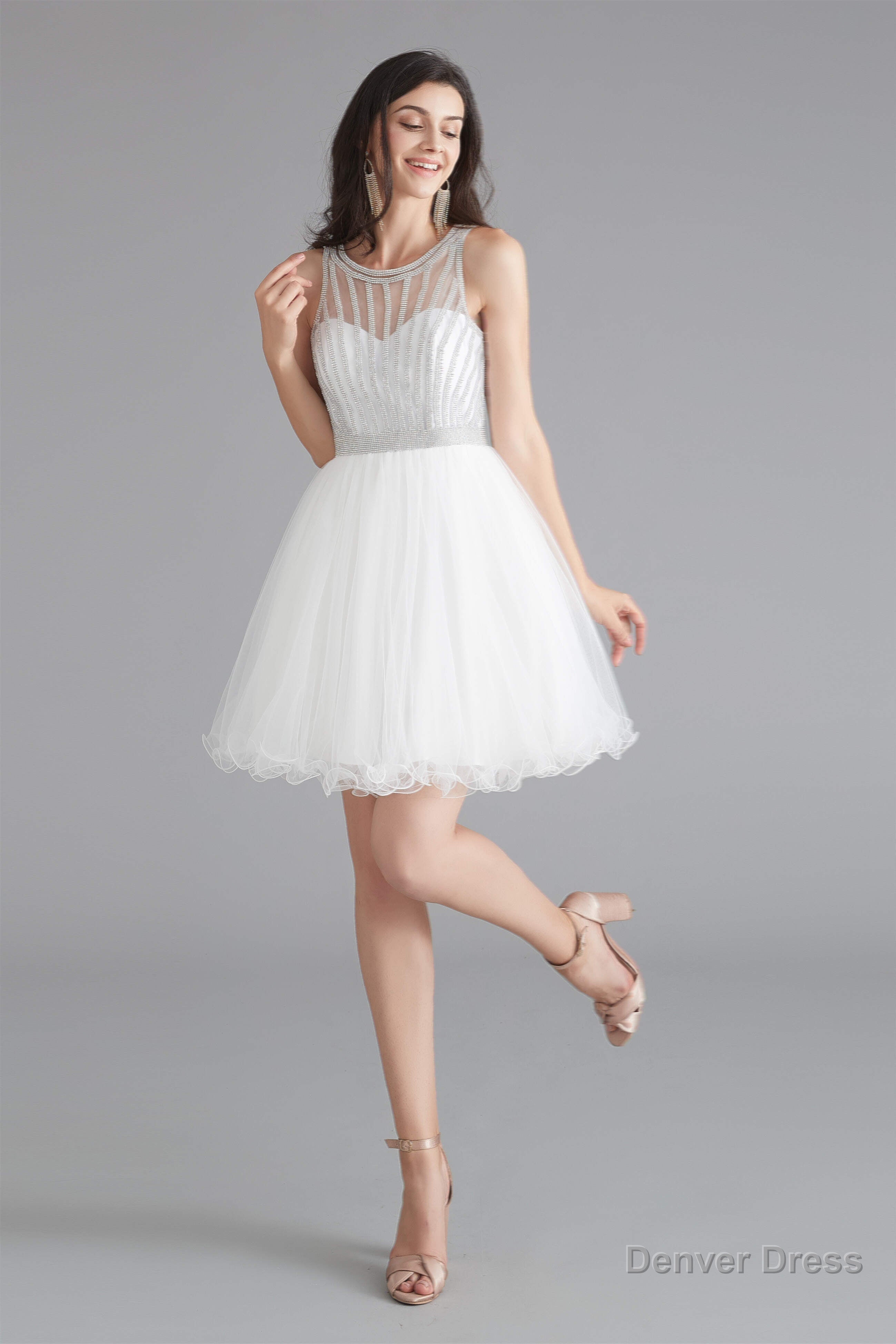 A Line Tulle Sleeveless Beading Homecoming Dresses