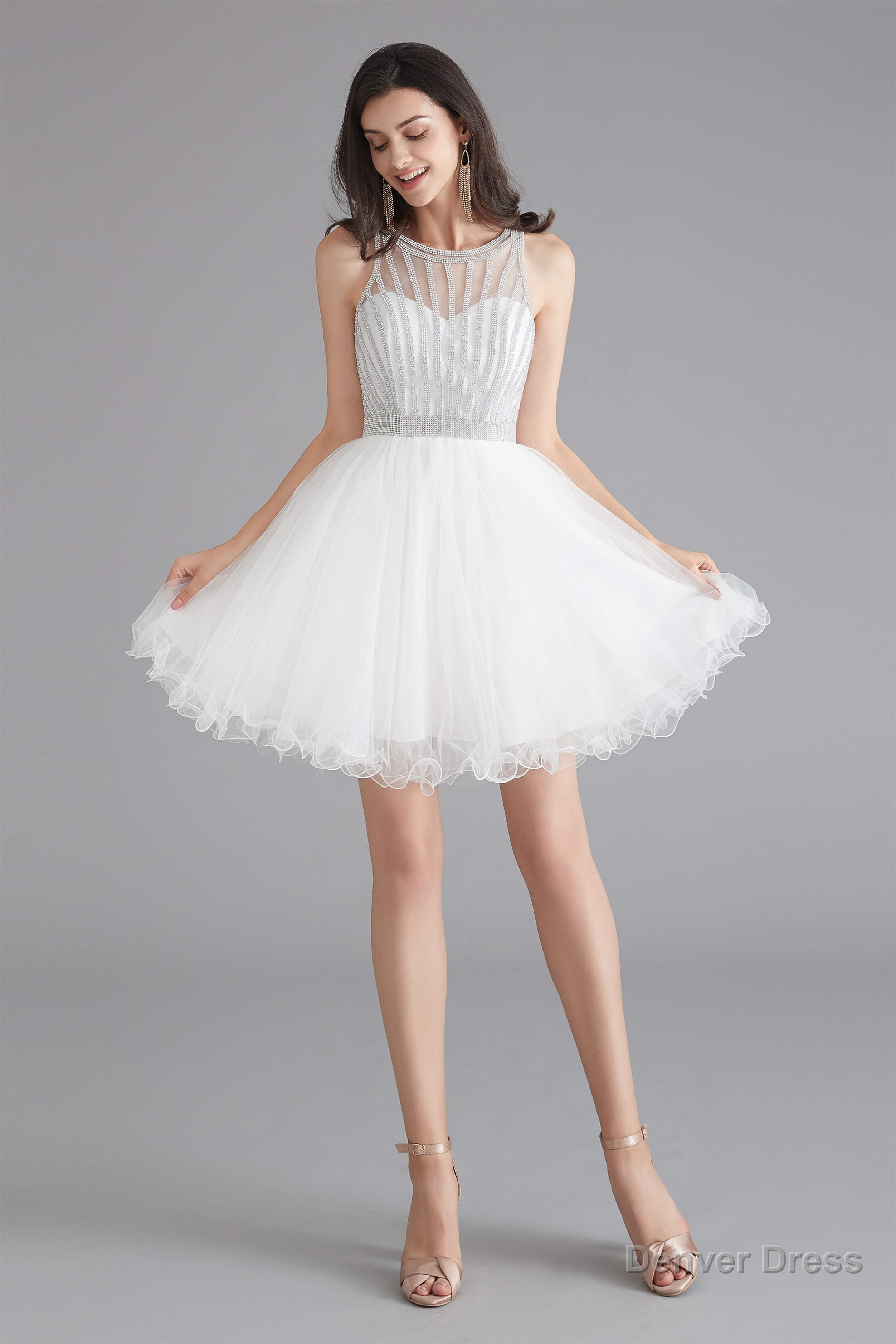 A Line Tulle Sleeveless Beading Homecoming Dresses