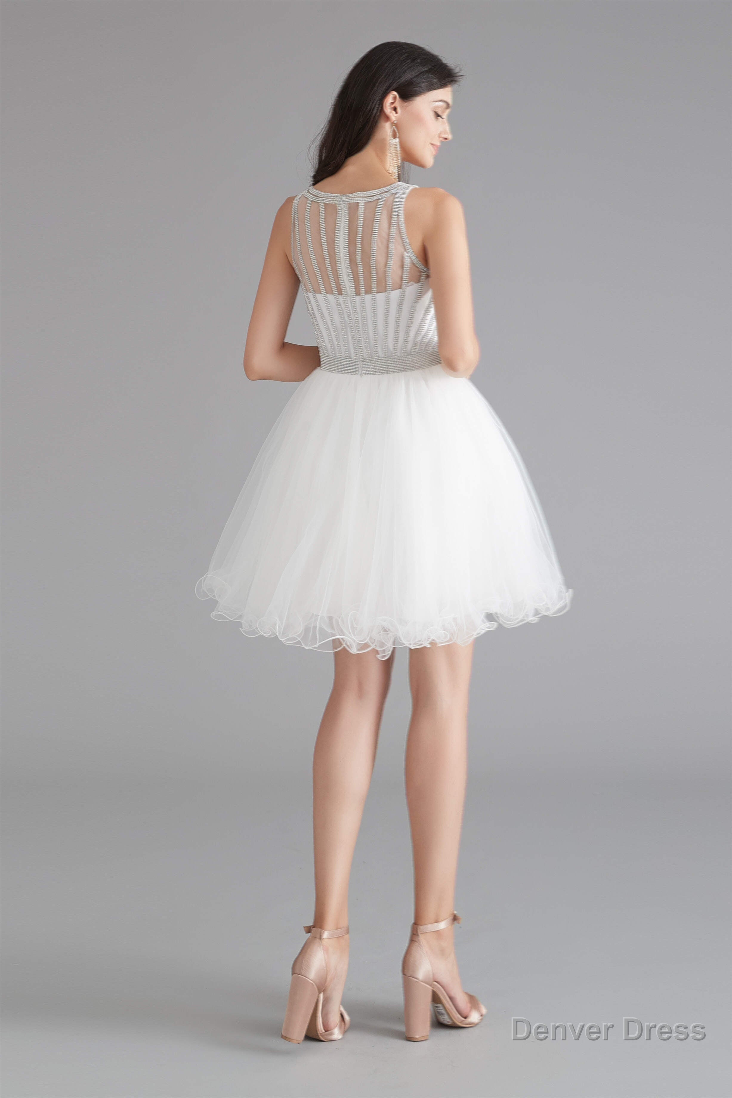 A Line Tulle Sleeveless Beading Homecoming Dresses