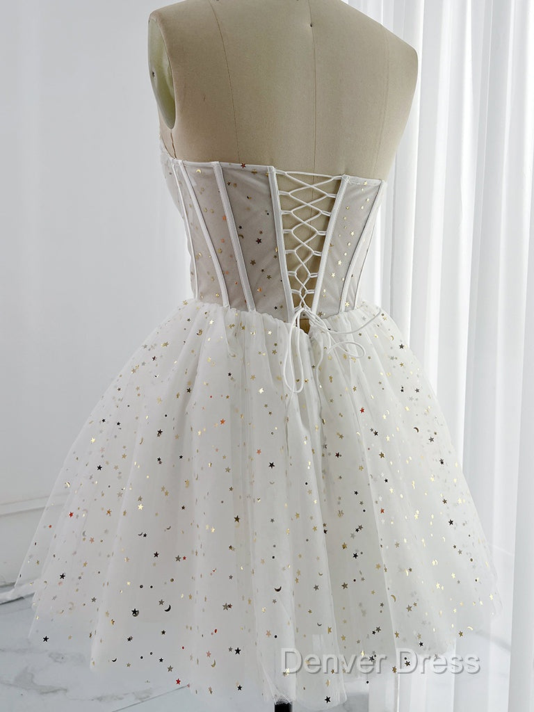White A Line Tulle Star Short Prom Dress, White Cute Homecoming Dresses